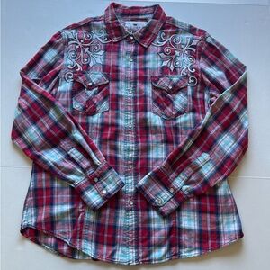 Pop Icon BUCKLE Flannel Plaid Embroidery Long Sleeve Pearl Snap Button Shirt L